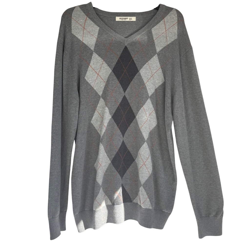 Old Navy Mens Gray Argyle V-Neck‎ Long Sleeve Sweater Large Classic Fall Style